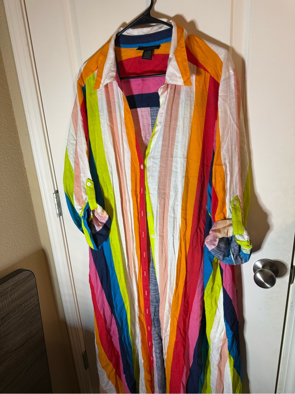 Ashley Stewart Colorful Stripe Maxi Dress 22/24 Rainbow Button Front Shirt Dress